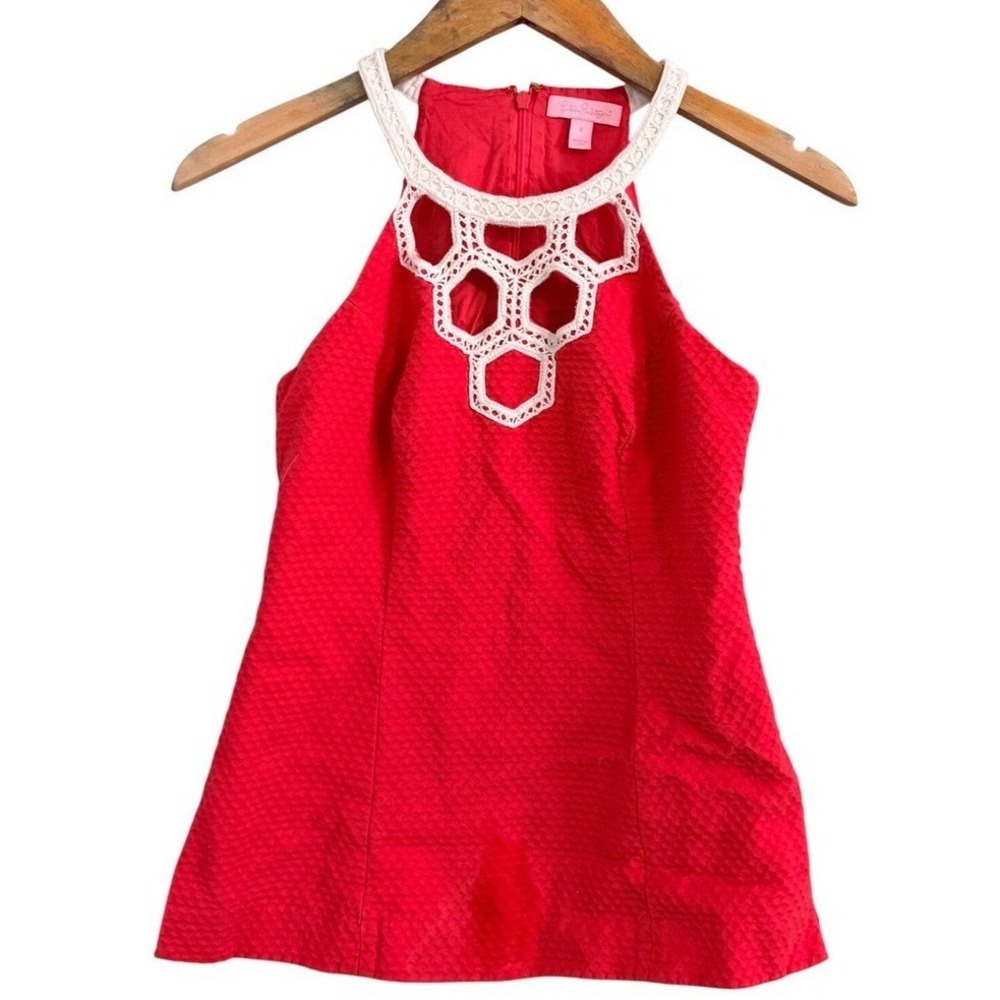 Lilly Pulitzer Halter Top Womens 0 Coral Pink Crochet Honeycomb Lace Dobby 1448